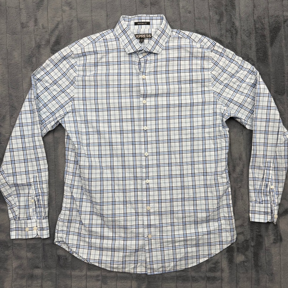 Express Modern Fit Mens Large Blue White Plaid Long Sleeve Button Up Shirt‎